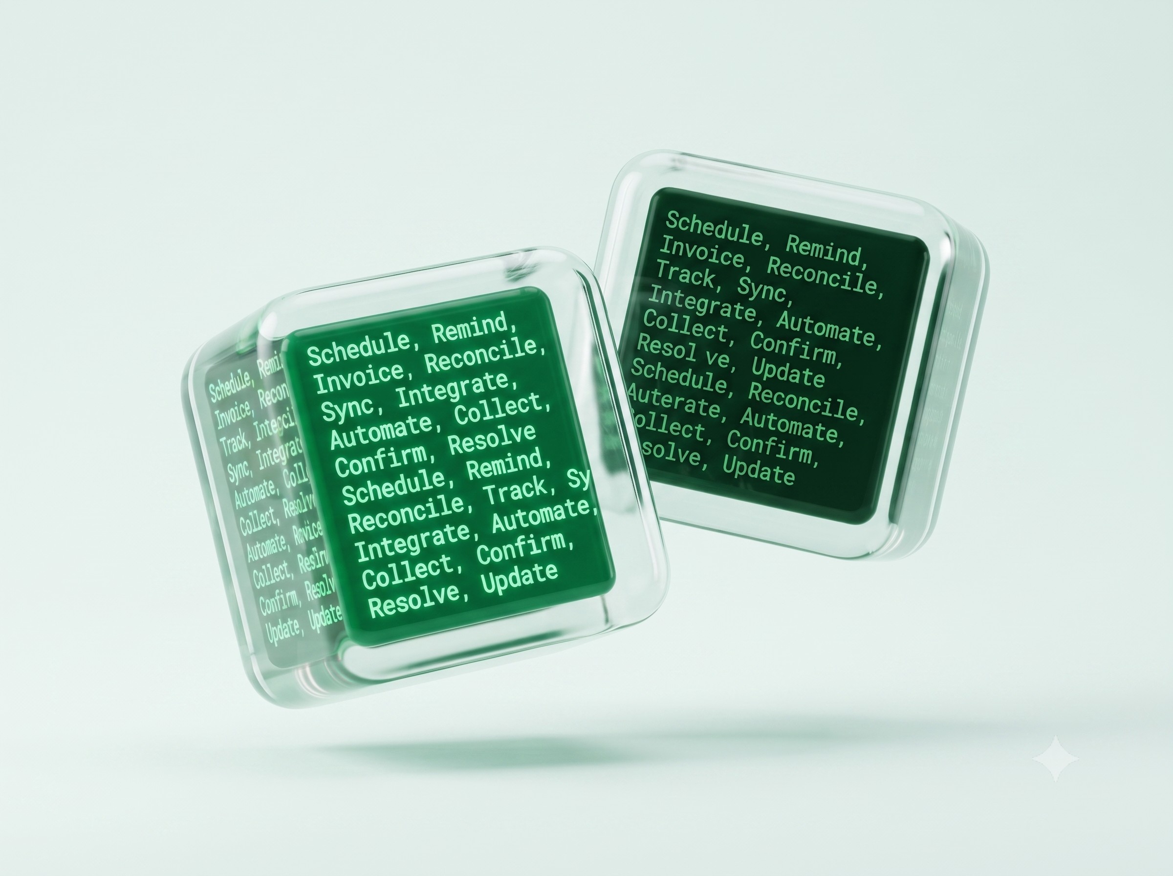 Cubes of operational verbs — schedule, reconcile, integrate — in green.