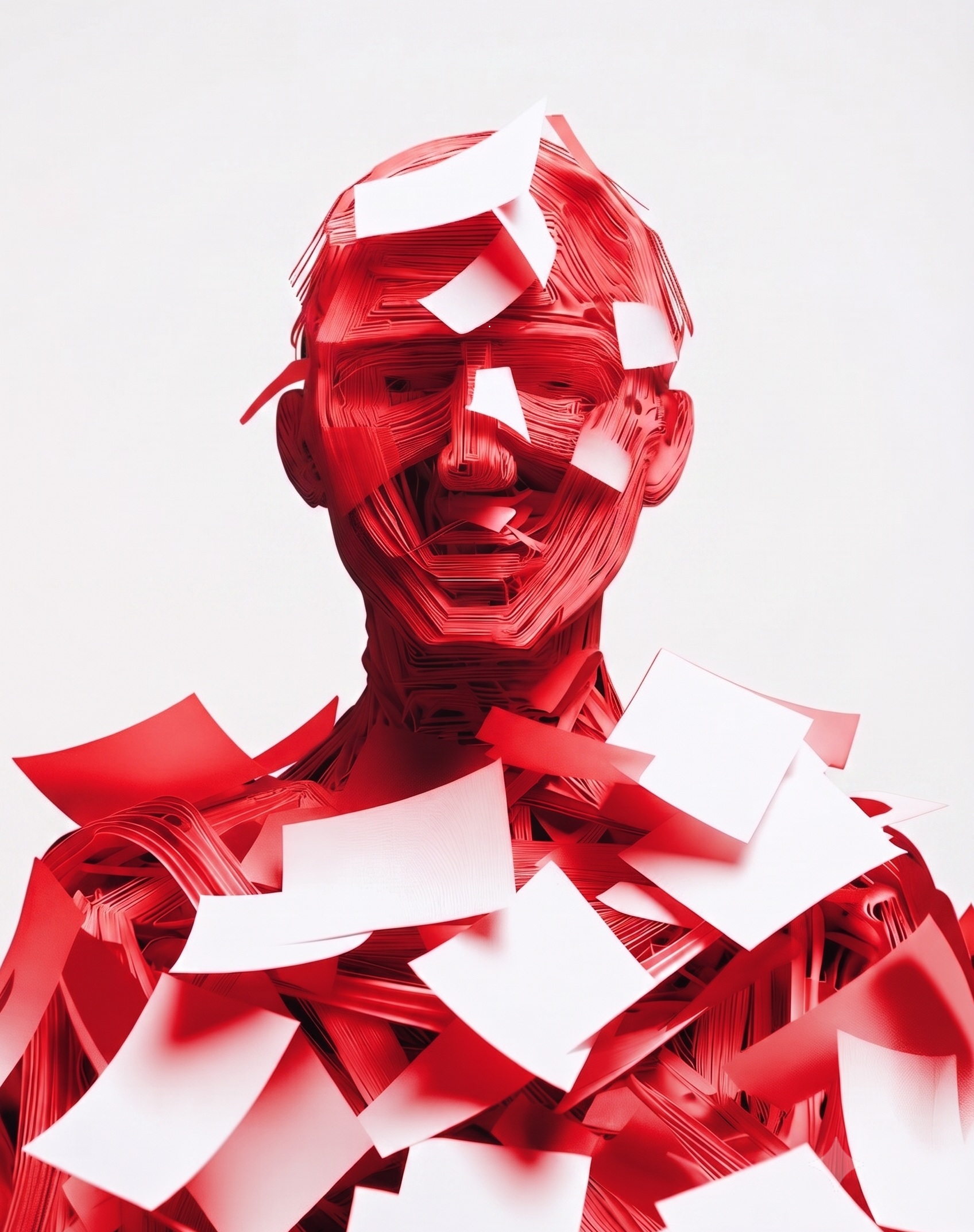 A figure buried in loose papers, rendered in red — the weight of manual collections.