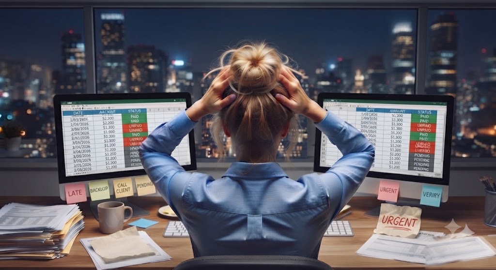 A business owner overwhelmed, holding her head amid scattered invoices and paperwork.