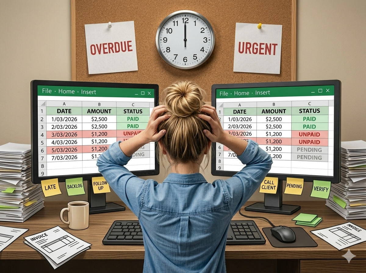 Stressed office worker holding her head, surrounded by spreadsheets showing overdue and unpaid invoices, with sticky notes and stacks of paperwork.